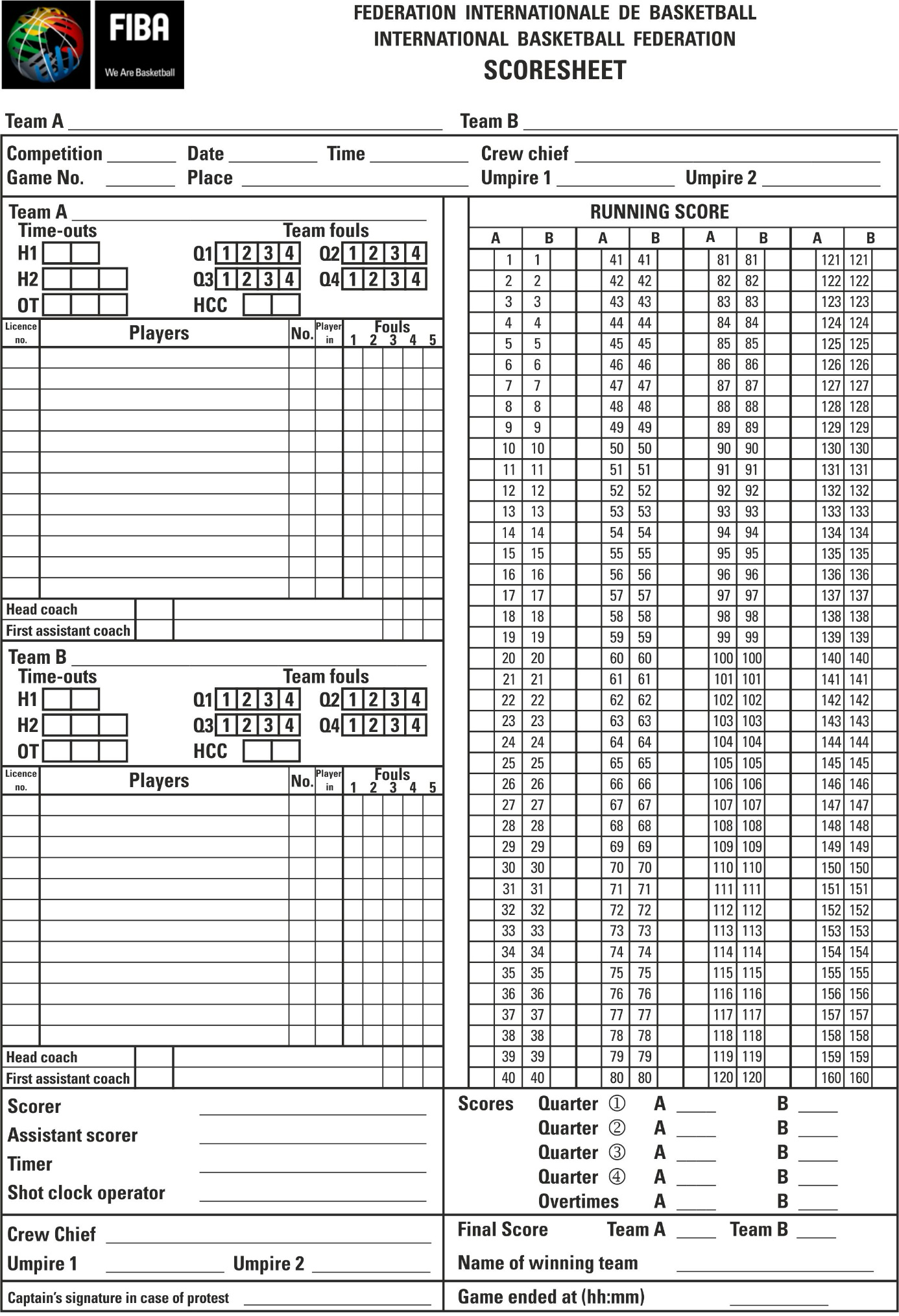 FIBA official scoresheet — Team A, Team B, running score, quarter scores and signatures